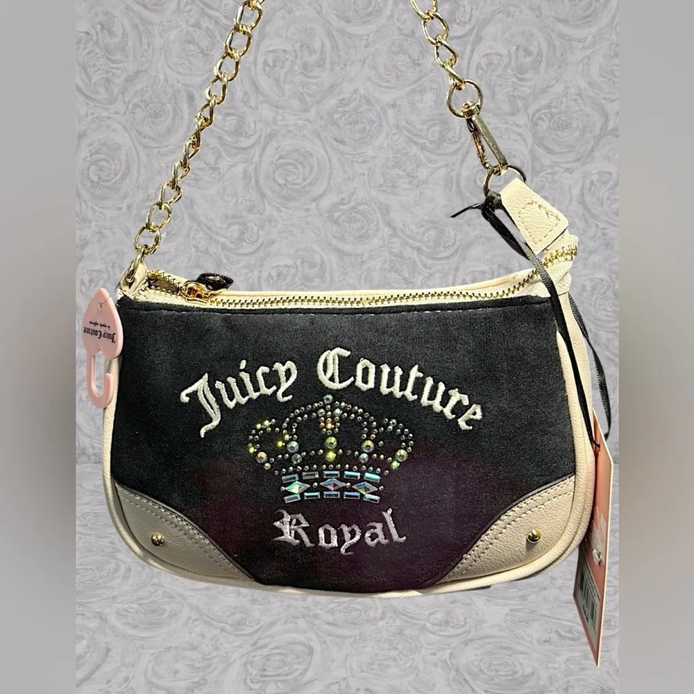 NWT 👑 🤍🖤Juicy Couture Royal Crown Mini Bag | Black Velour Rhinestone Y2K Purse - Picture 2 of 9